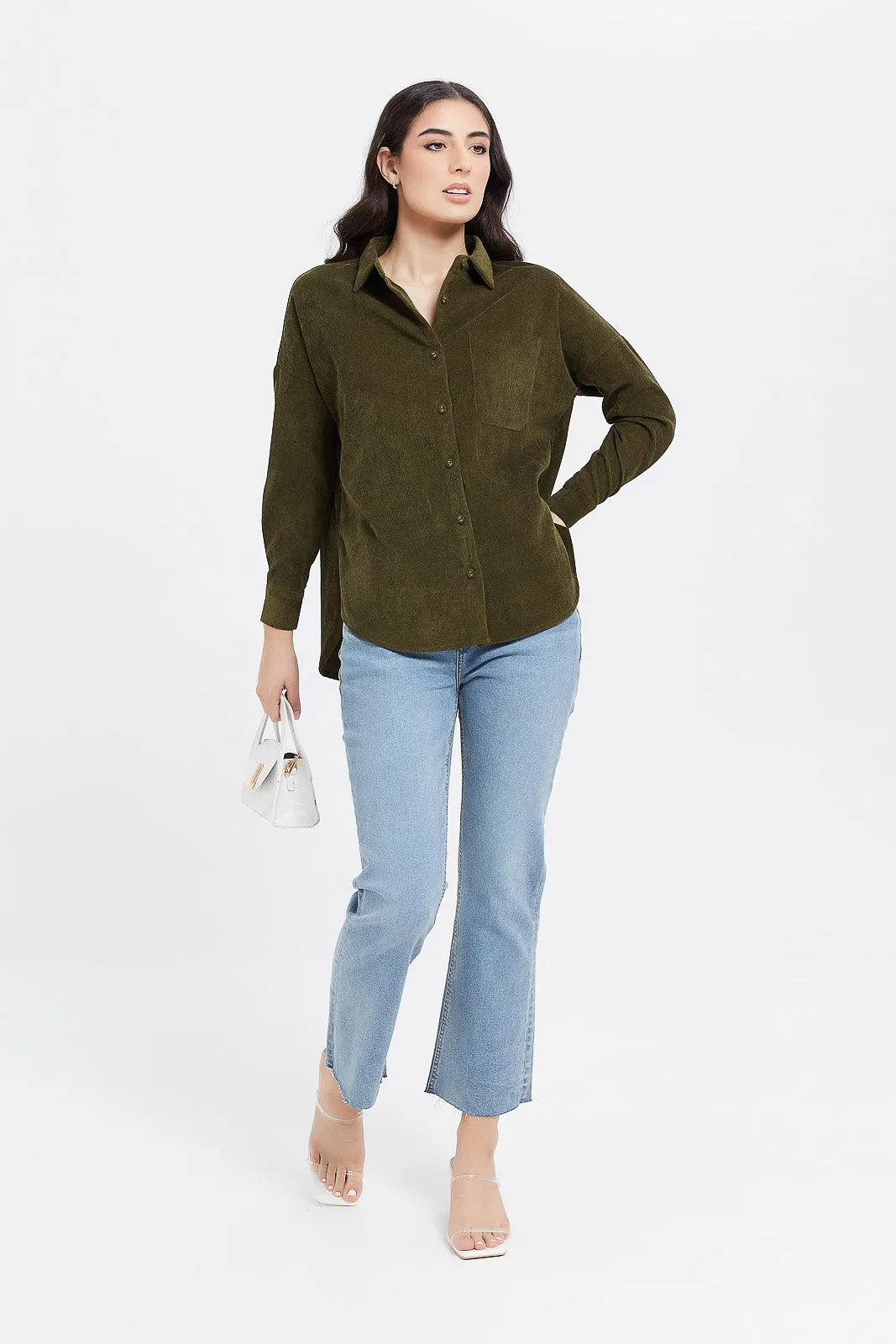 Women Green Corduroy Shirt