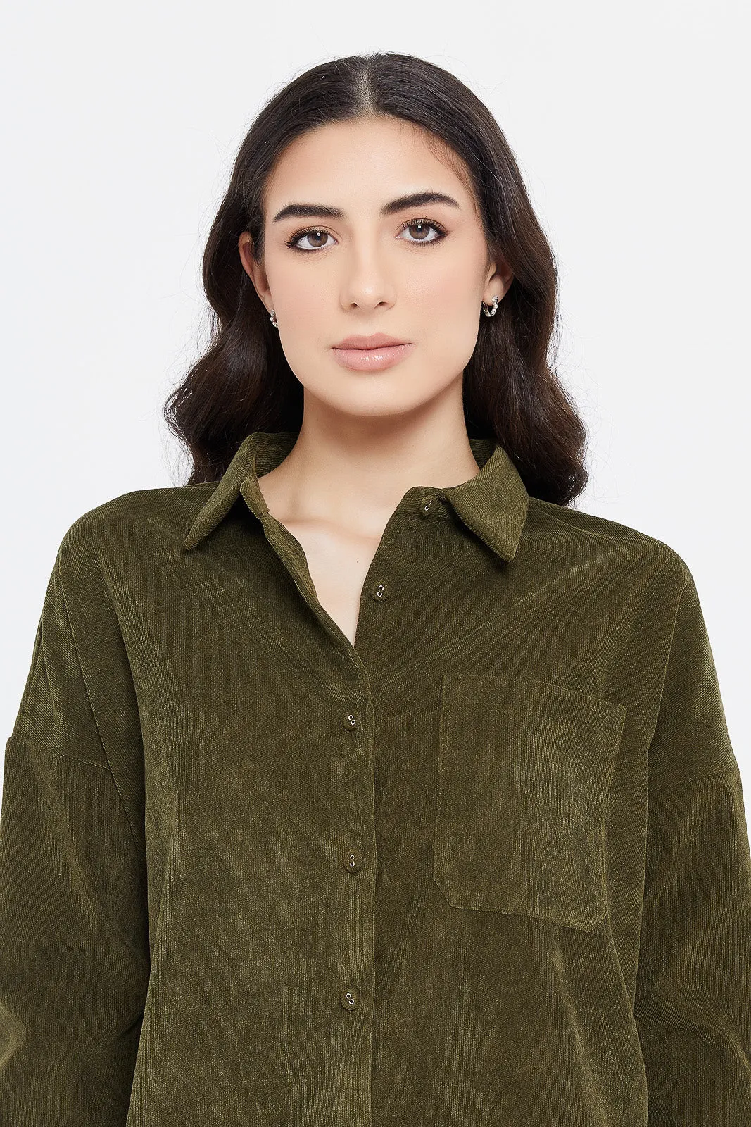 Women Green Corduroy Shirt