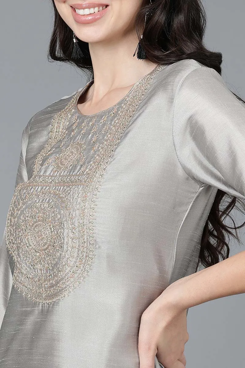 Women Grey Poly Silk Embroidered Kurta Trousers With Dupatta