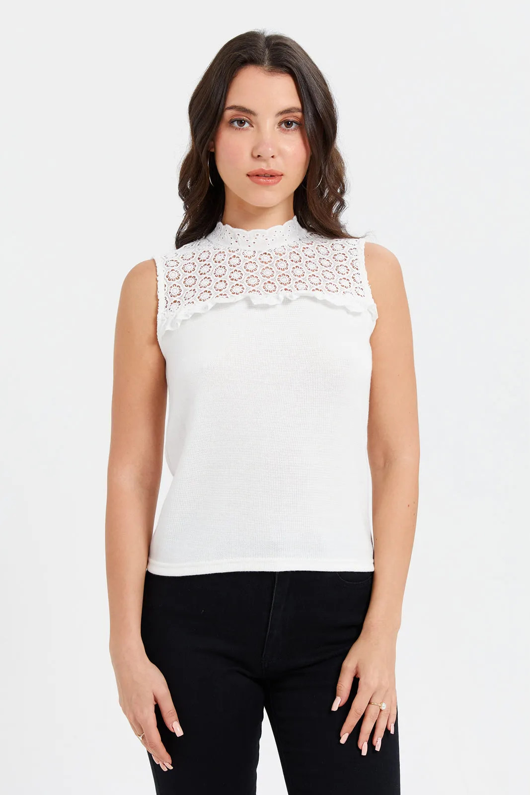 Women Ivory Knitted Crochet Top