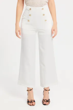 Women Ivory Straight Leg Button Detail Trouser