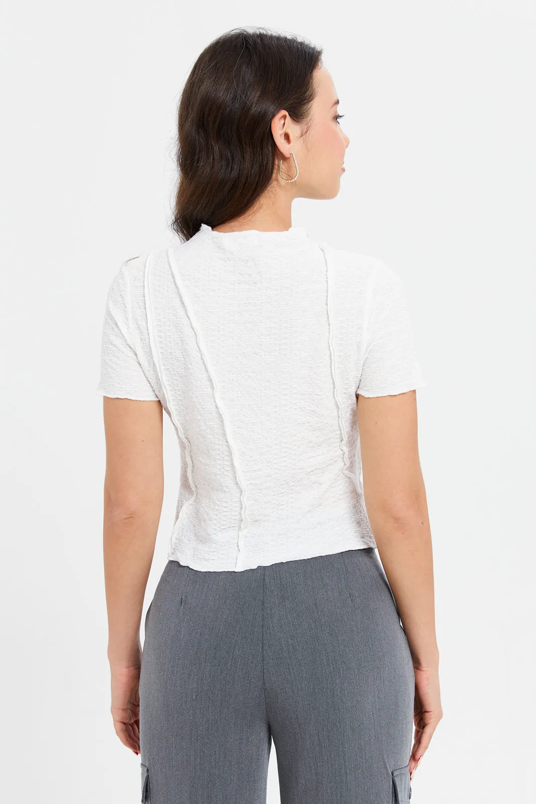 Women Ivory Textured Raw Edge Detailed Top