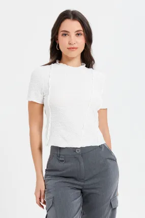 Women Ivory Textured Raw Edge Detailed Top