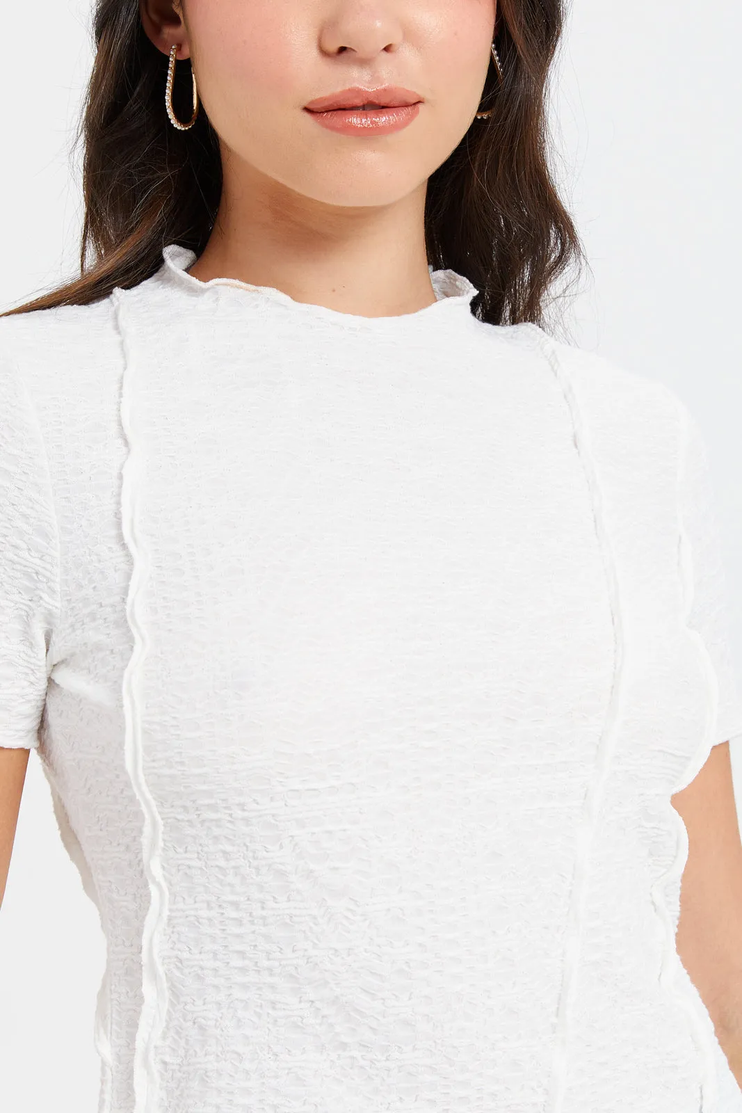 Women Ivory Textured Raw Edge Detailed Top