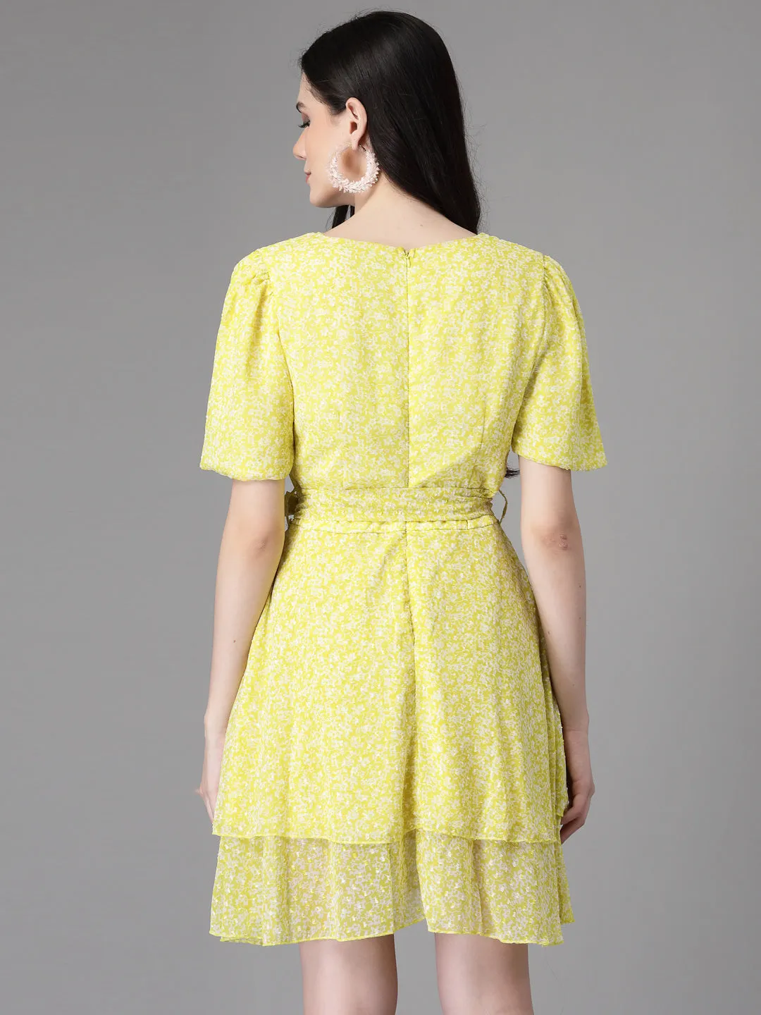 Women Lemon V Neck Printed Wrap Dress