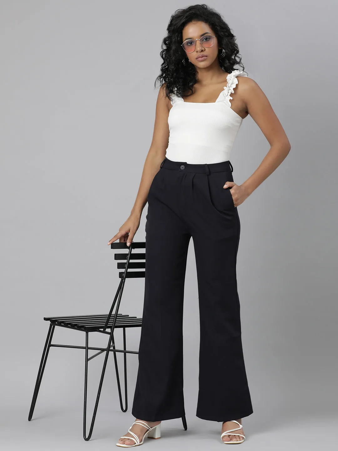 Women Navy Blue Solid Bootcut Trousers