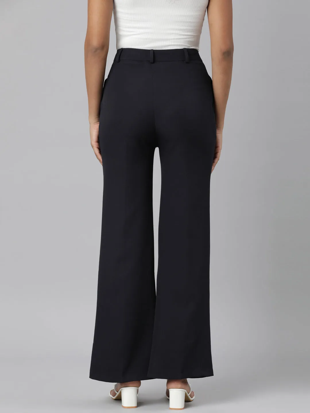 Women Navy Blue Solid Bootcut Trousers