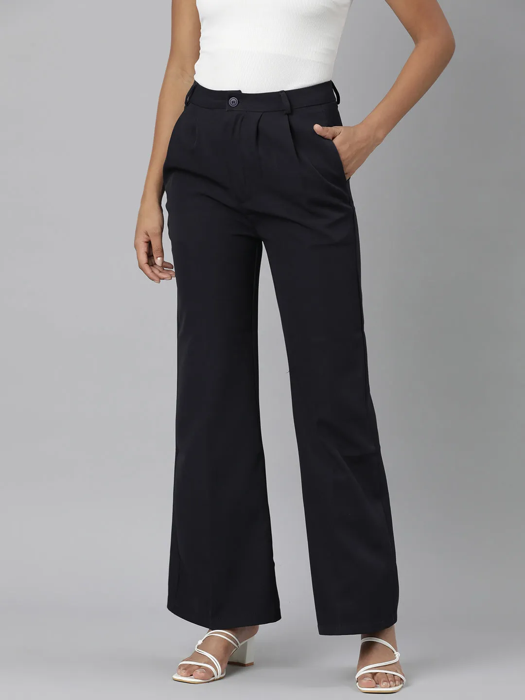 Women Navy Blue Solid Bootcut Trousers