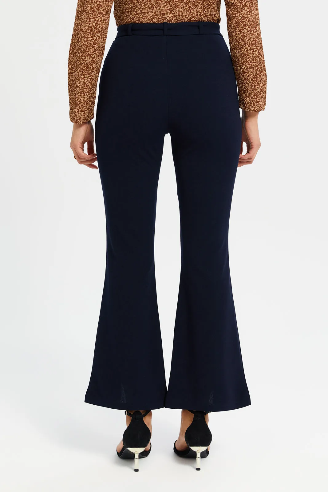 Women Navy Buckle Detailed Belted Trousers