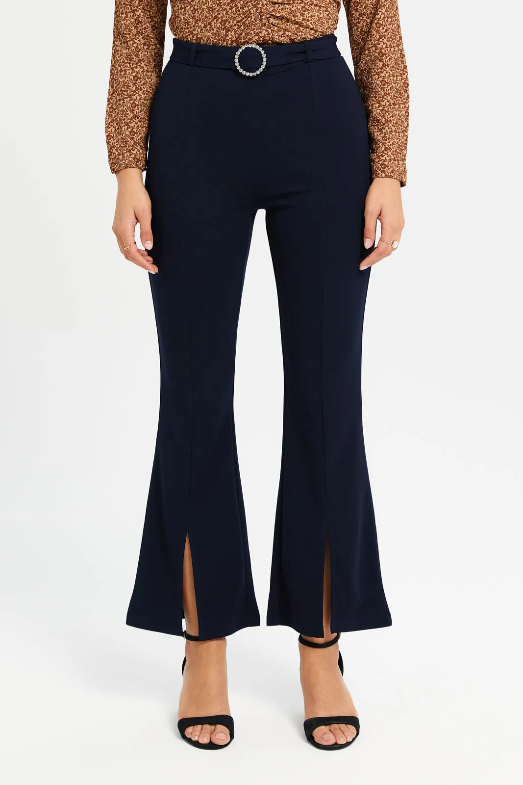 Women Navy Buckle Detailed Belted Trousers