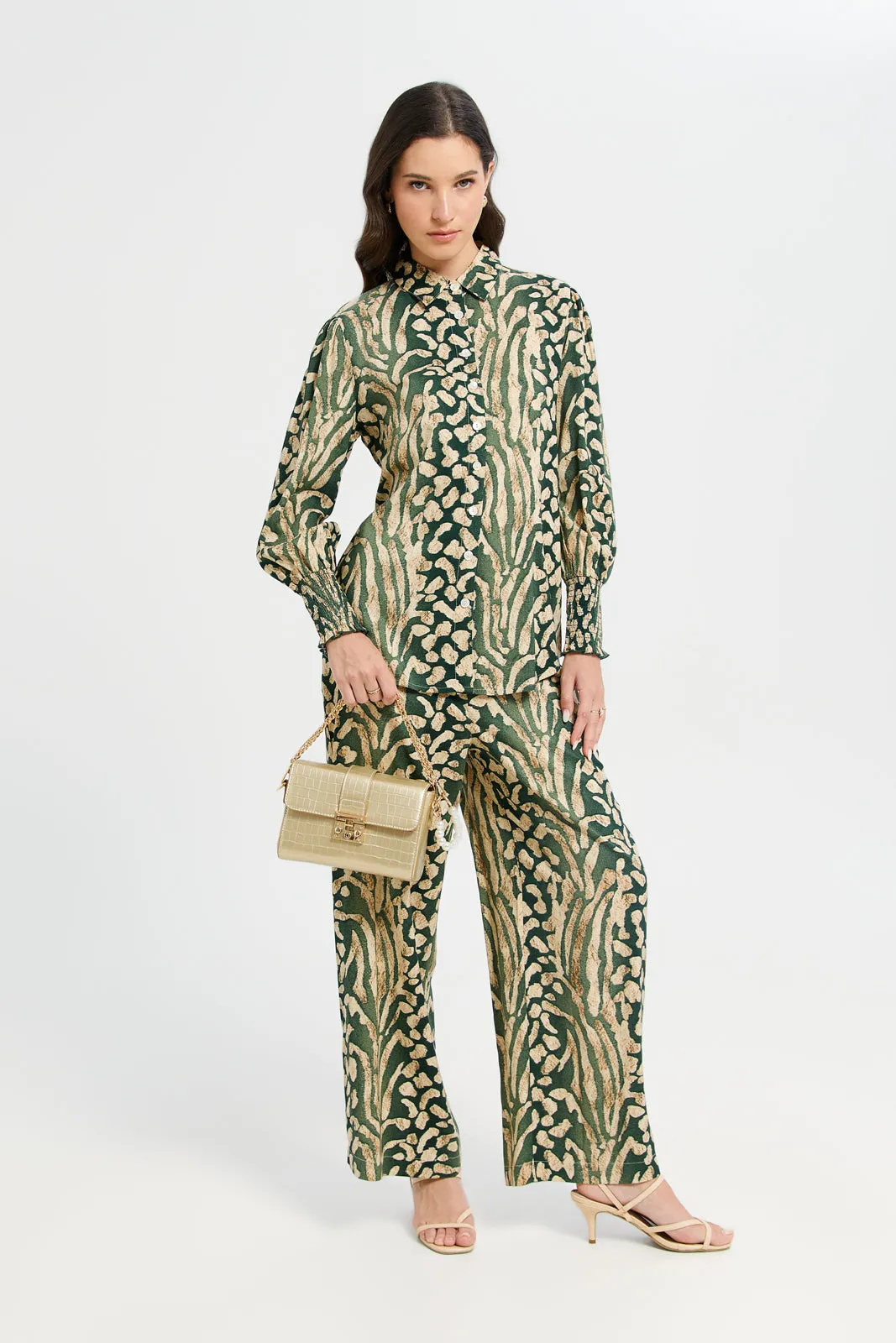 Women Olive And Beige Printed Trousers