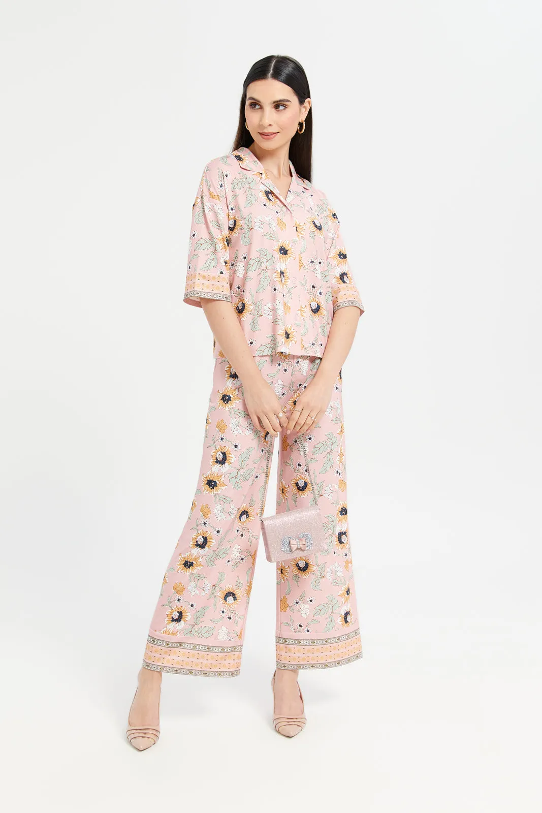 Women Pink Printed Wide Leg Trousers