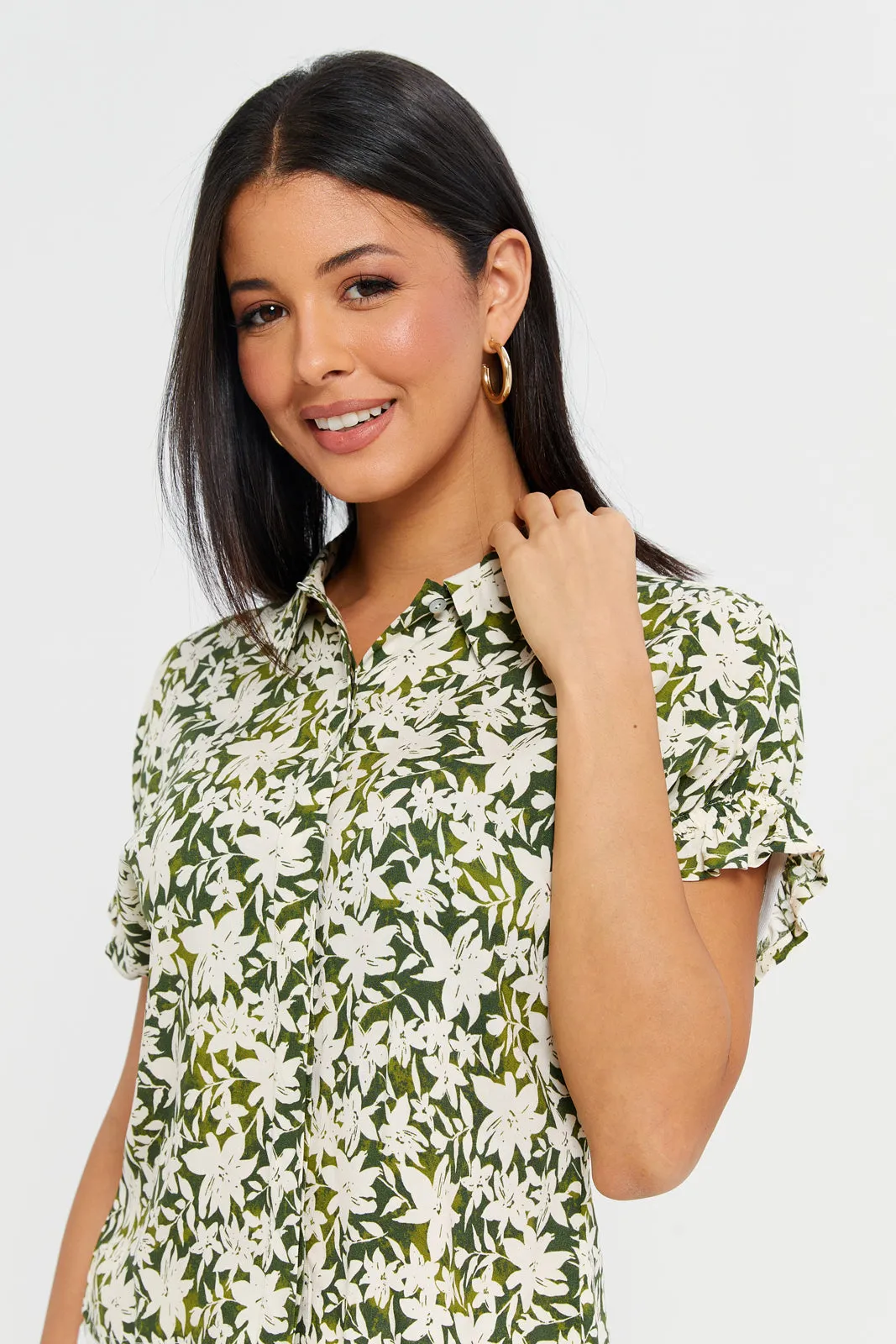 Women Printed Rayon Shirt With Elasticated Sleeve Detail