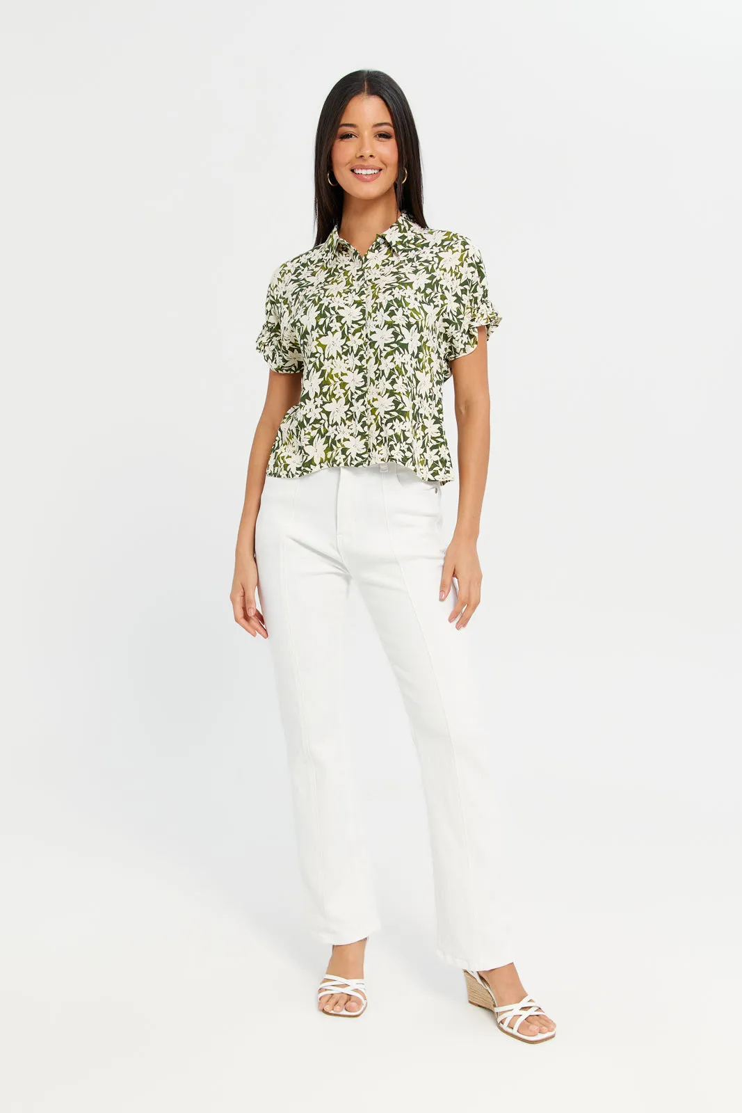 Women Printed Rayon Shirt With Elasticated Sleeve Detail