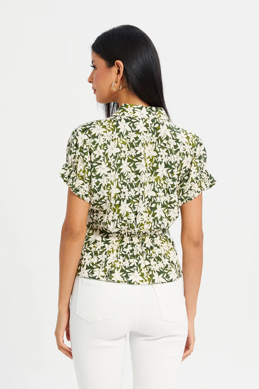 Women Printed Rayon Shirt With Elasticated Sleeve Detail