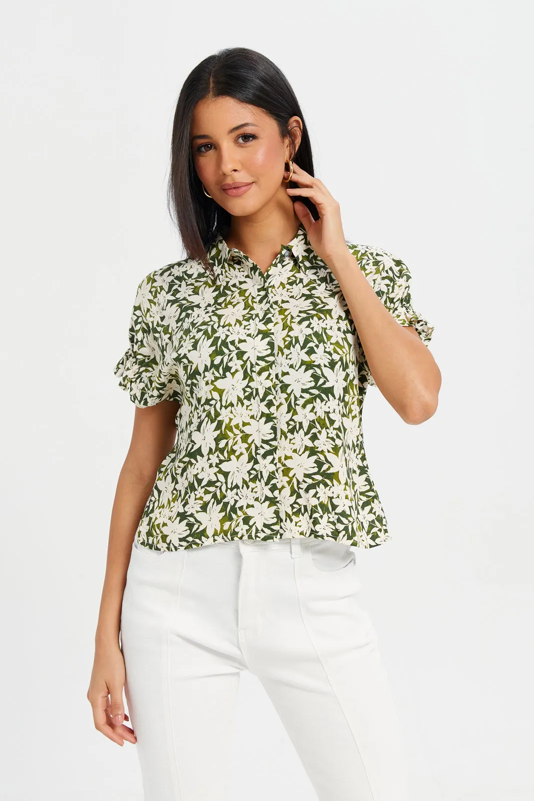 Women Printed Rayon Shirt With Elasticated Sleeve Detail