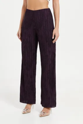 Women Purple Plisse Cut Wide Leg Trouser