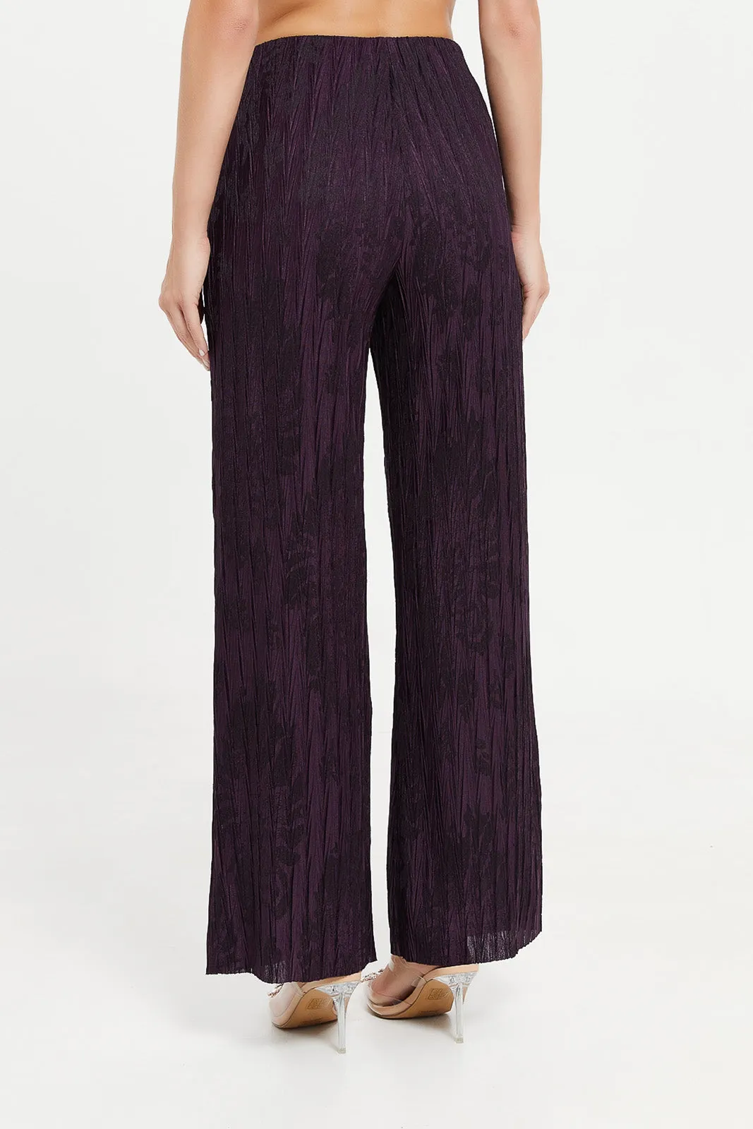 Women Purple Plisse Cut Wide Leg Trouser