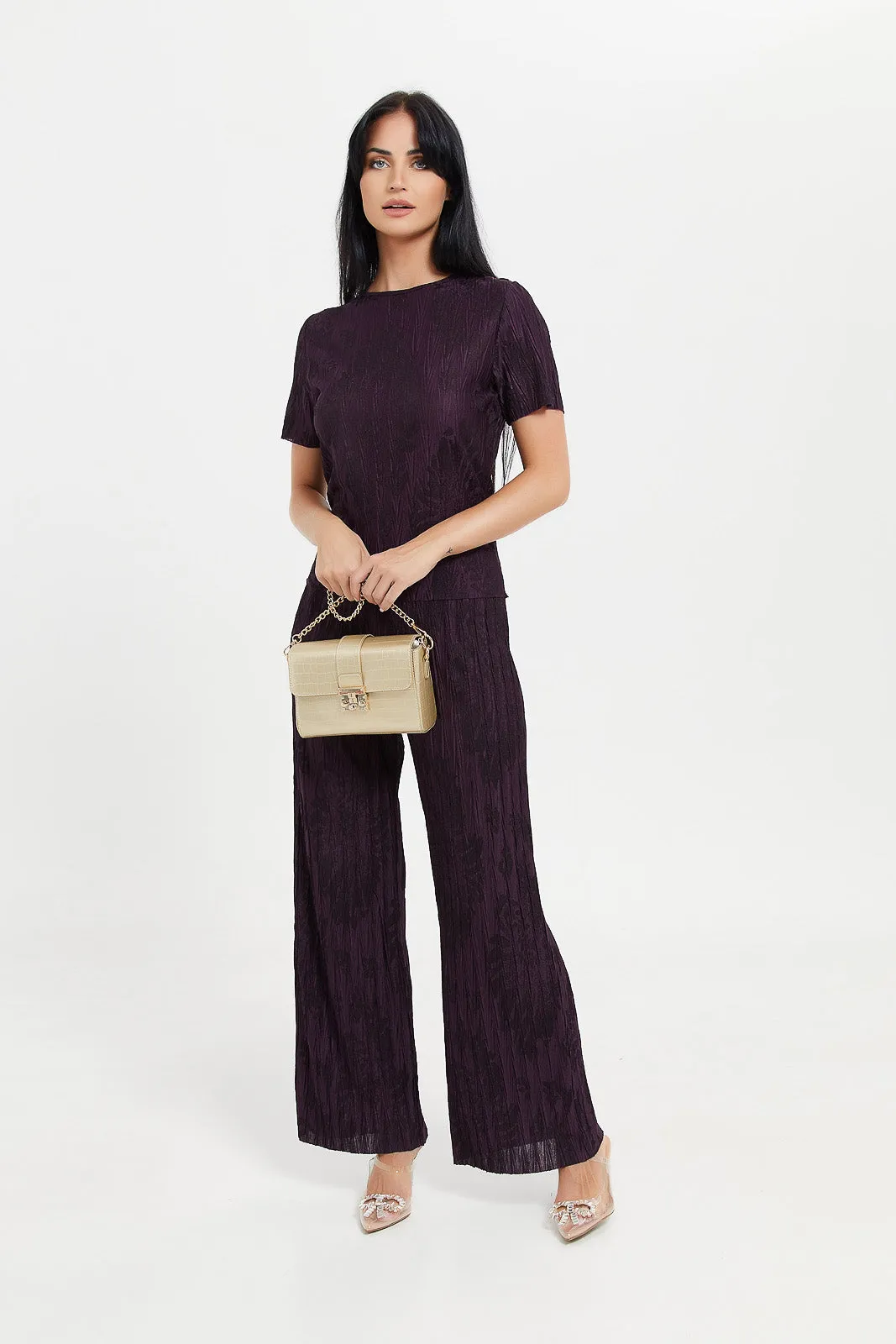 Women Purple Plisse Cut Wide Leg Trouser