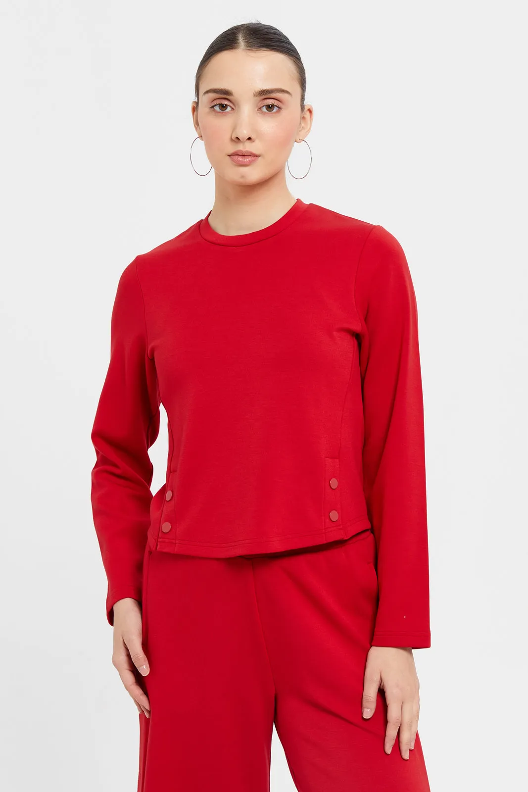 Women Red Button Detailed Top