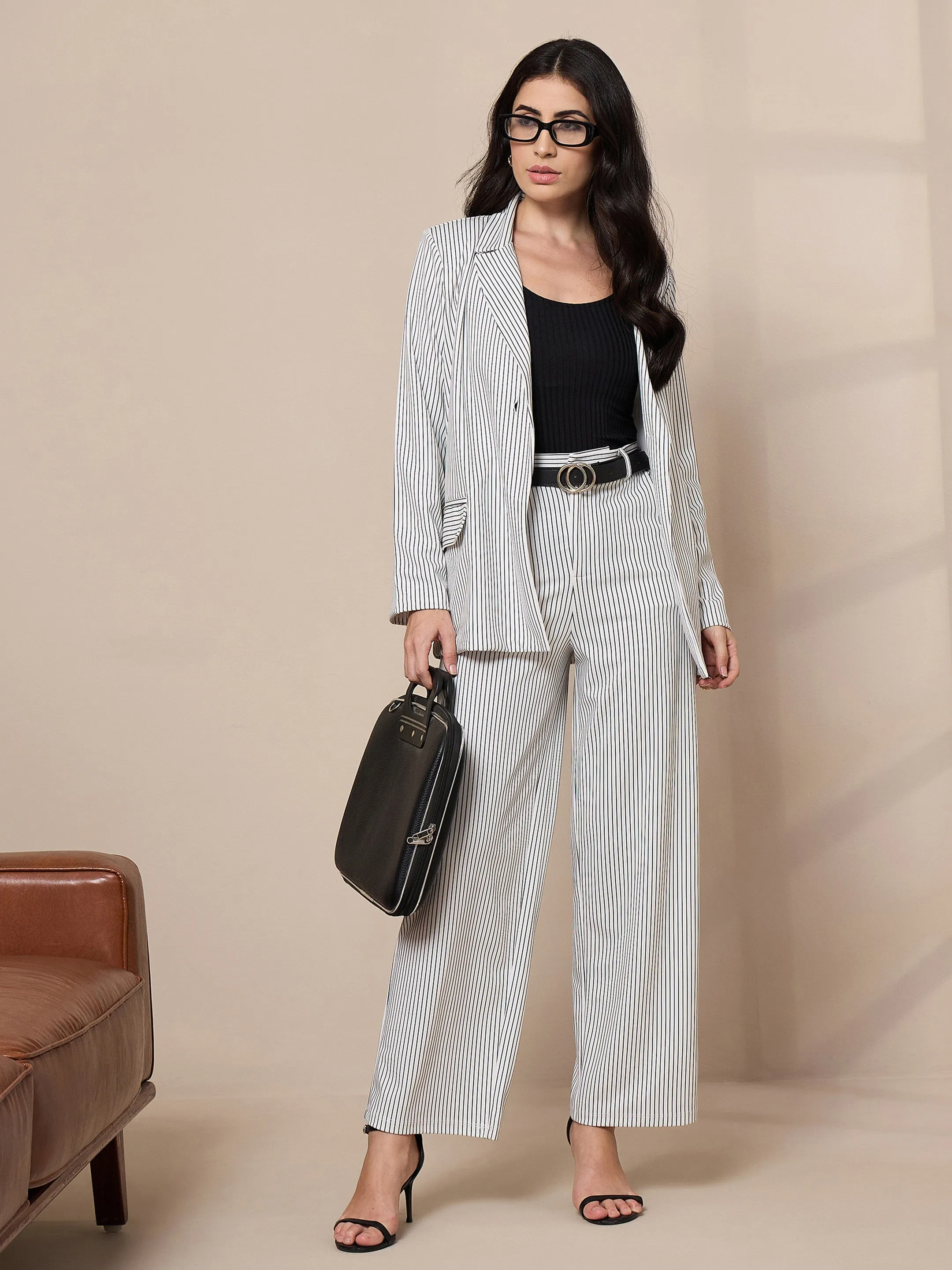 Women White Striped Straight Trousers