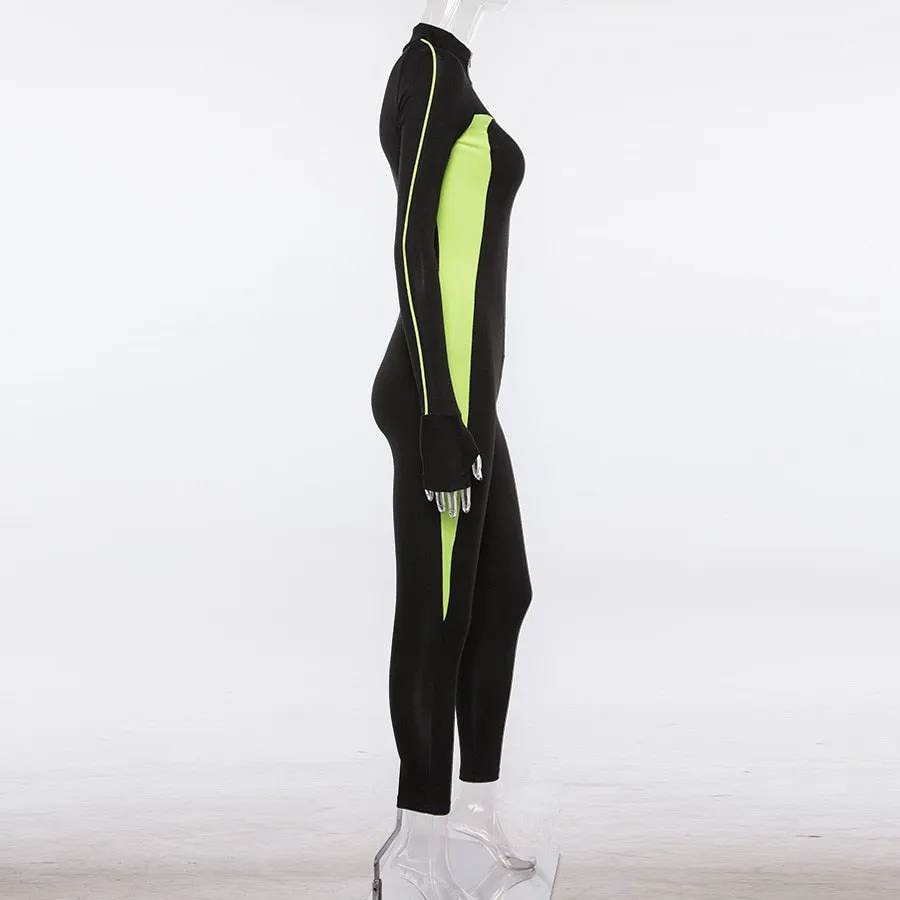 Women's Autumn/Winter Fluorescent Color Patchwork Zippered Fitness Bodysuit