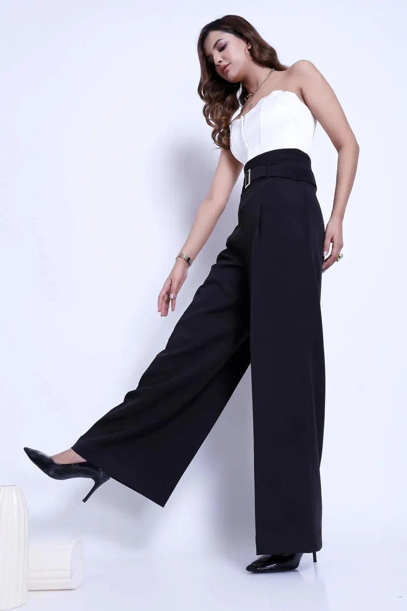 Women's Black High Waist Front Pleat trouser with Belt