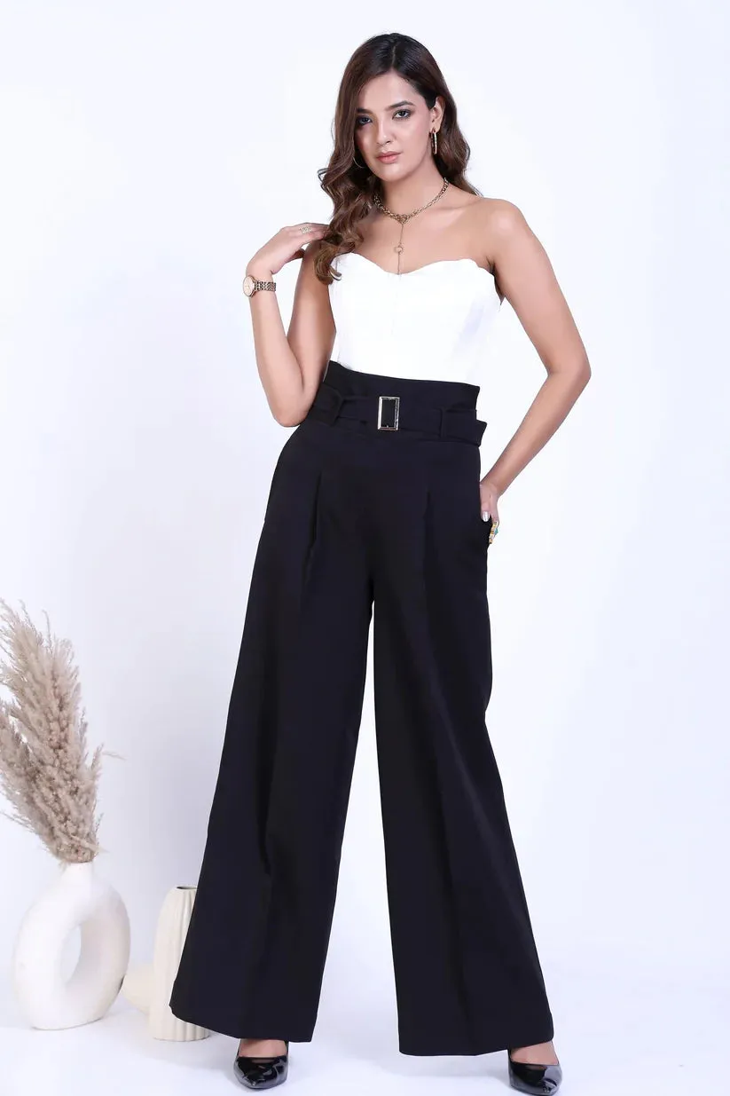 Women's Black High Waist Front Pleat trouser with Belt