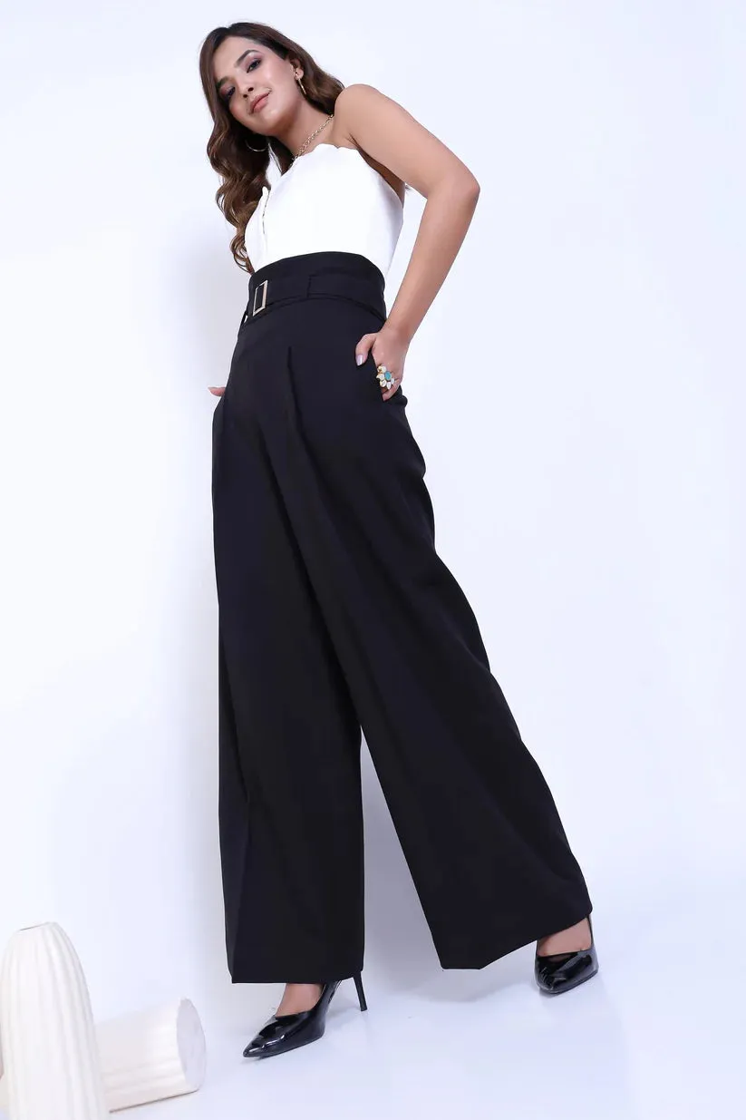 Women's Black High Waist Front Pleat trouser with Belt