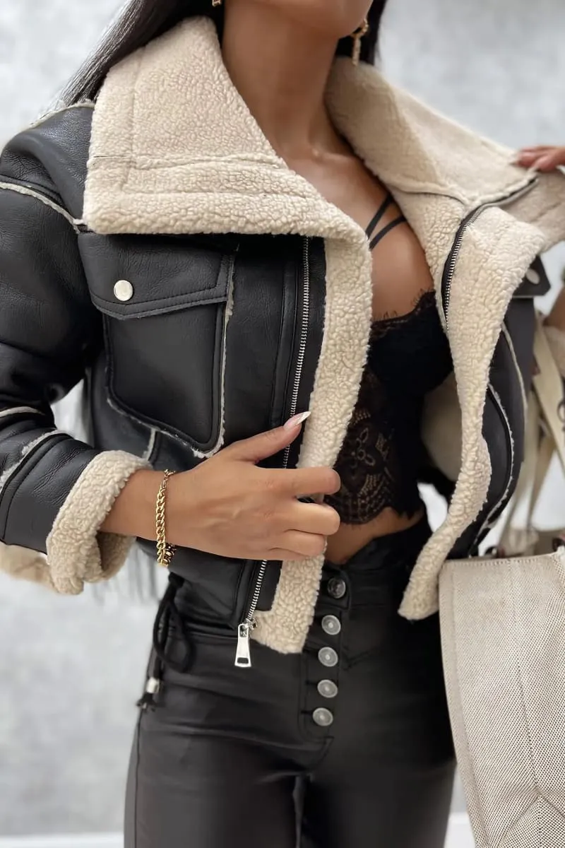 Women's Black Leather Shearling Aviator Cropped Jacket