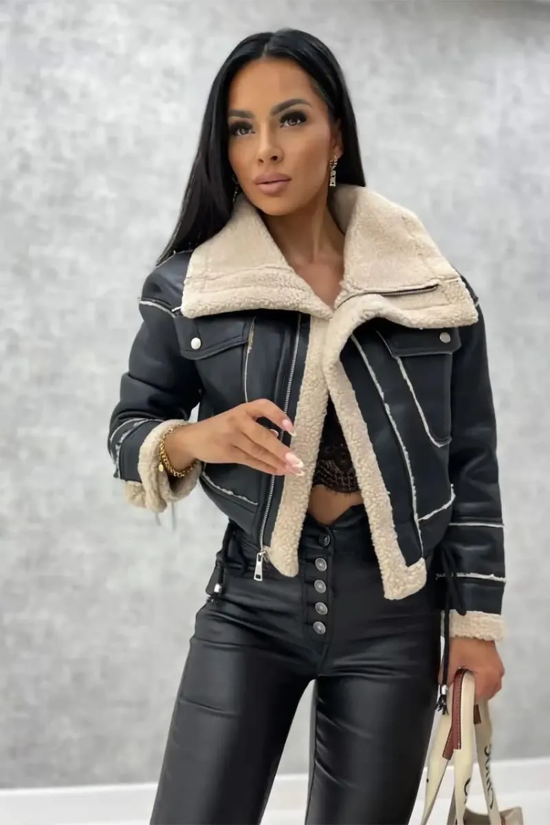 Women's Black Leather Shearling Aviator Cropped Jacket