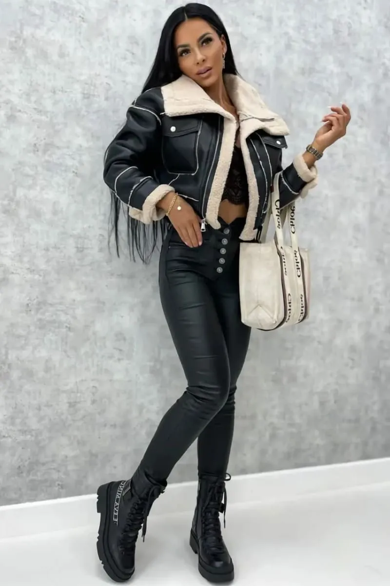 Women's Black Leather Shearling Aviator Cropped Jacket