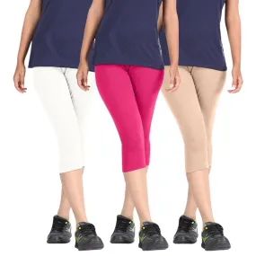 Women's Cotton Lycra Biowashed Capri Leggings Combo Pack of 3 (White, Pink ,Beige)