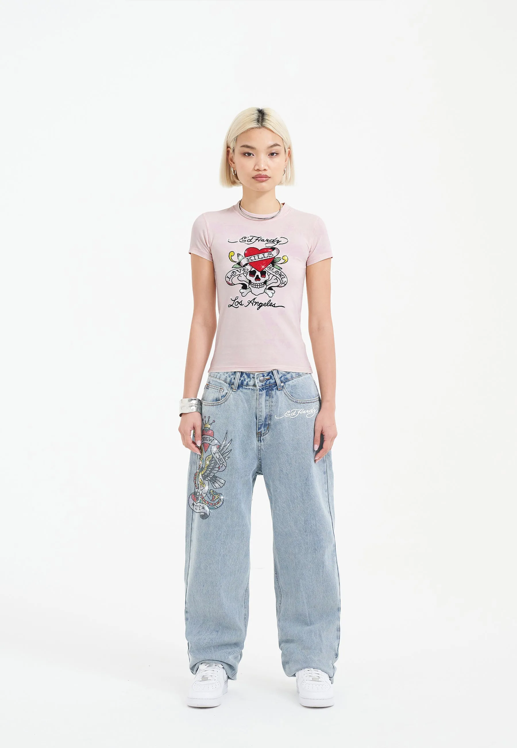 Womens Nyc Diamante Relaxed Denim Trousers Jeans - Bleach