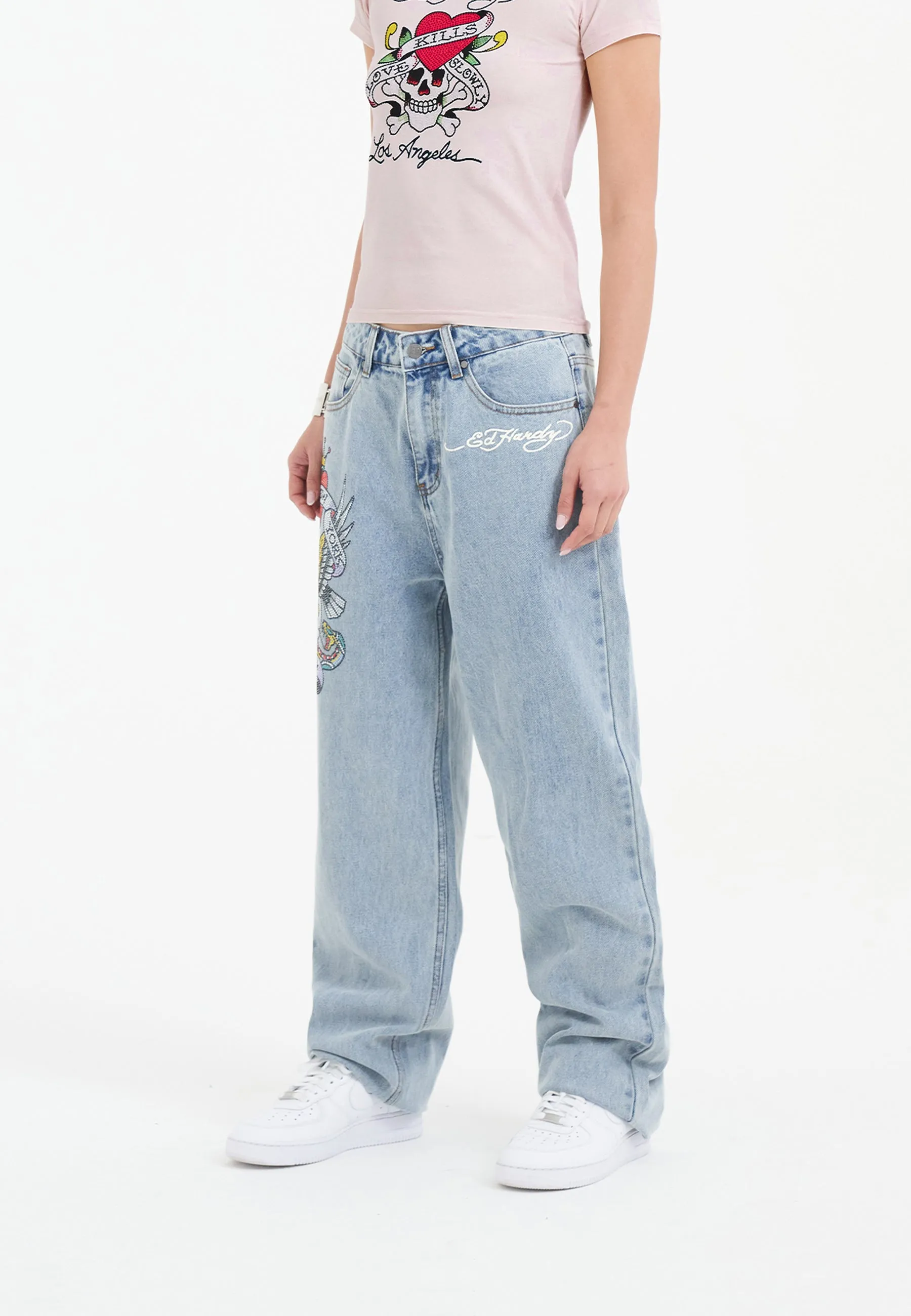 Womens Nyc Diamante Relaxed Denim Trousers Jeans - Bleach