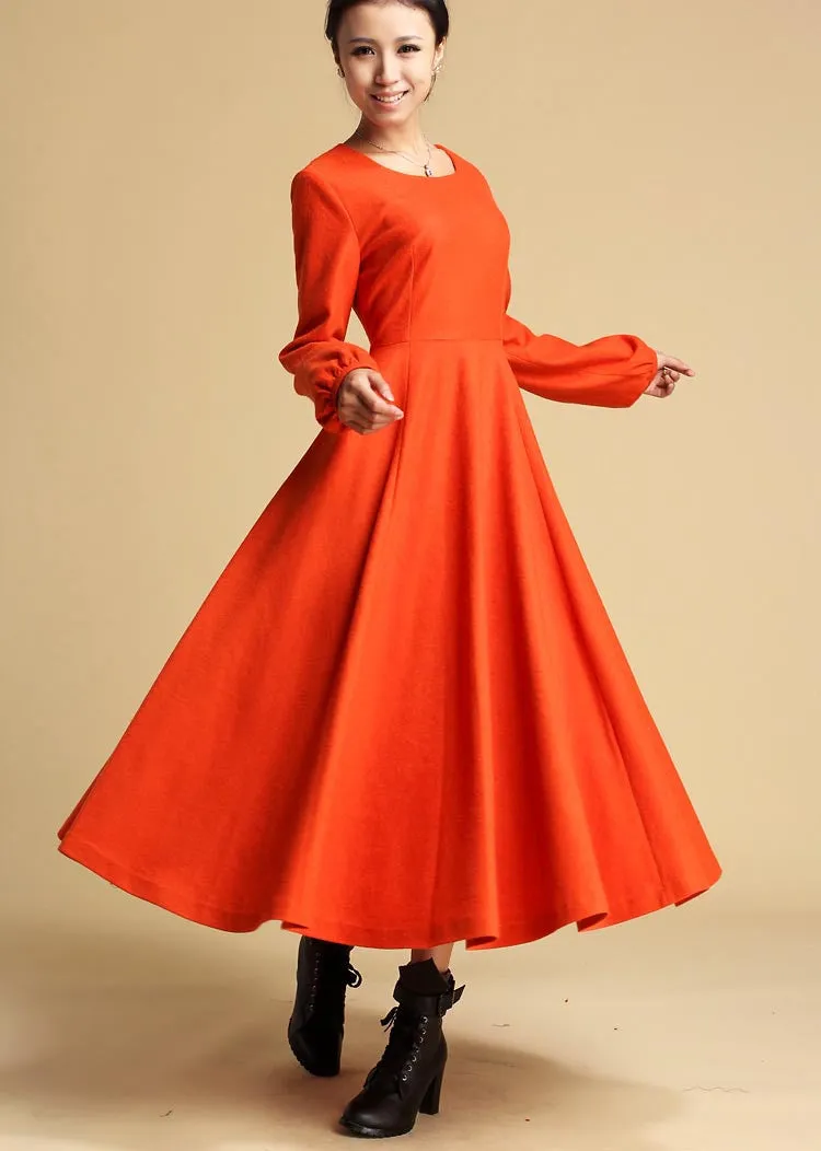 wool Maxi dress orange long dress Long sleeve dress (323)