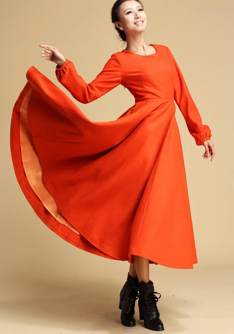 wool Maxi dress orange long dress Long sleeve dress (323)