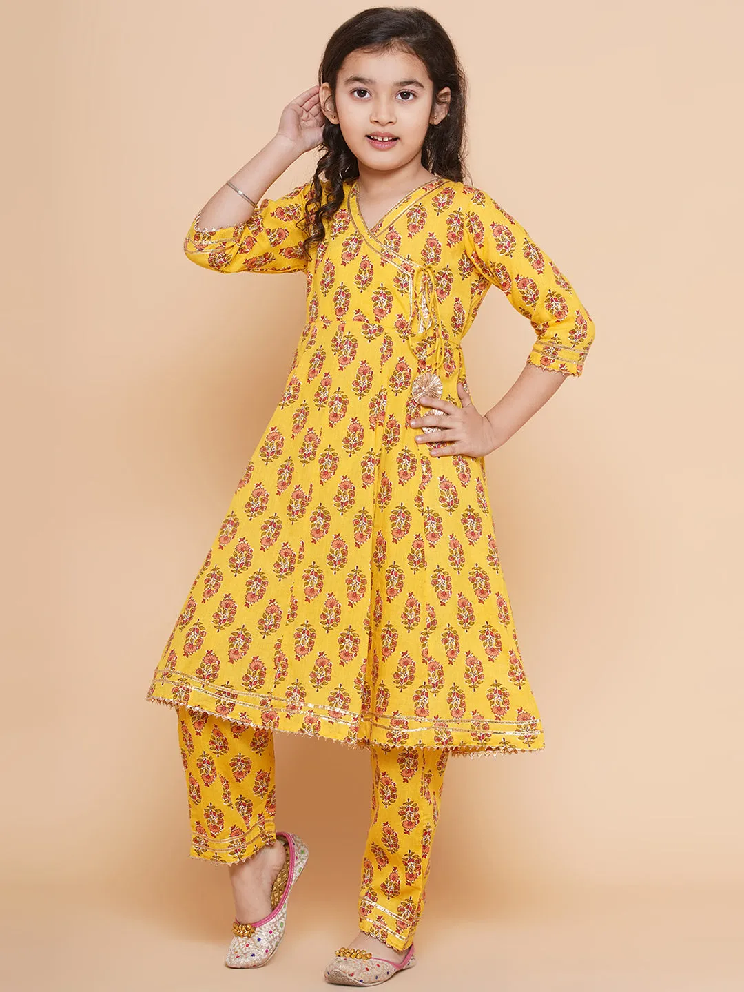 Yellow Printed Kurta With Trousers