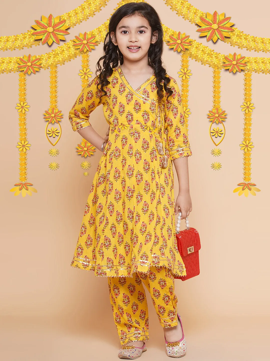 Yellow Printed Kurta With Trousers