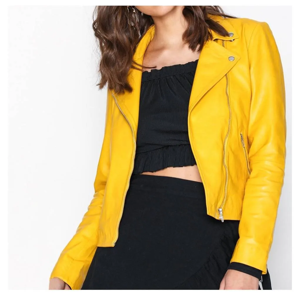 Yellow Retro Women Leather Jacket