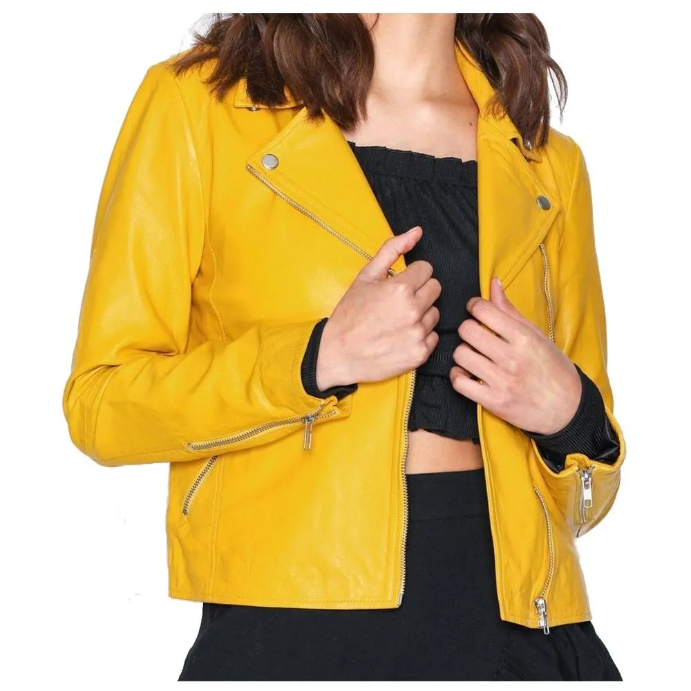 Yellow Retro Women Leather Jacket