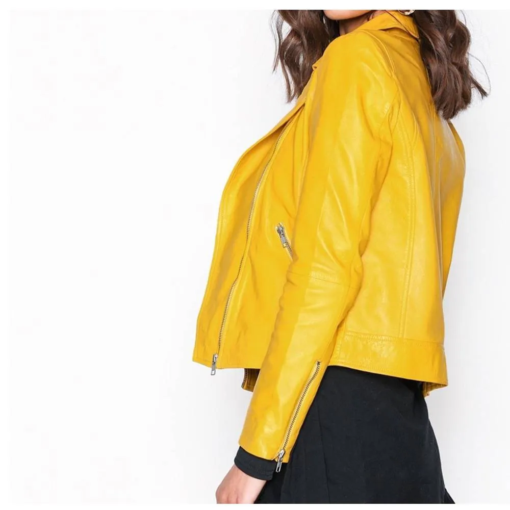 Yellow Retro Women Leather Jacket