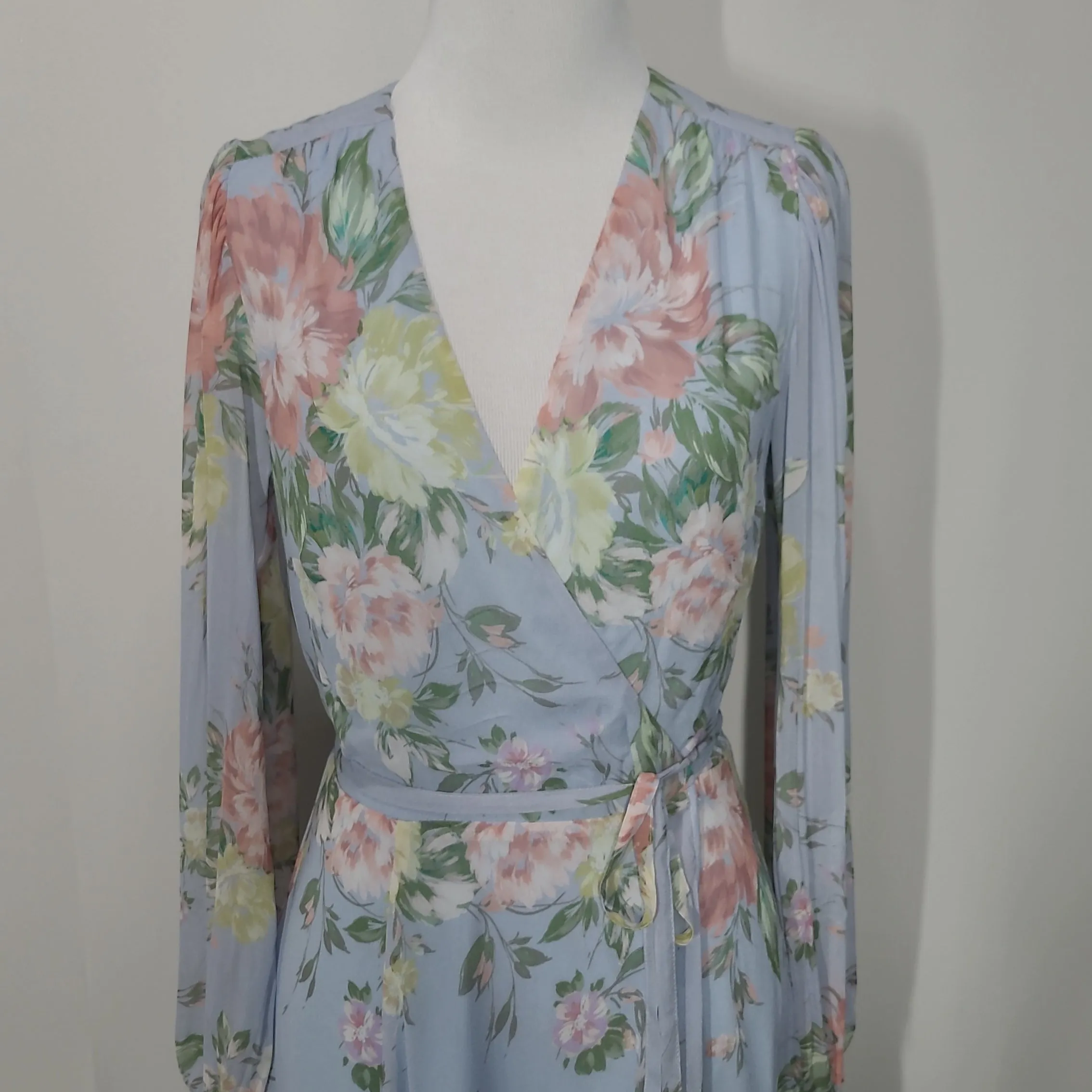 Yumi Kim Heart's Delight Blue Juliette Maxi Wrap Dress Long Sleeve Size Small