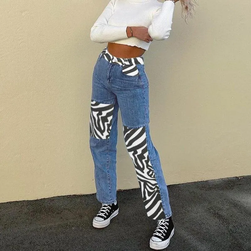 Zebra Striped Patched Straight Y2K Jeans