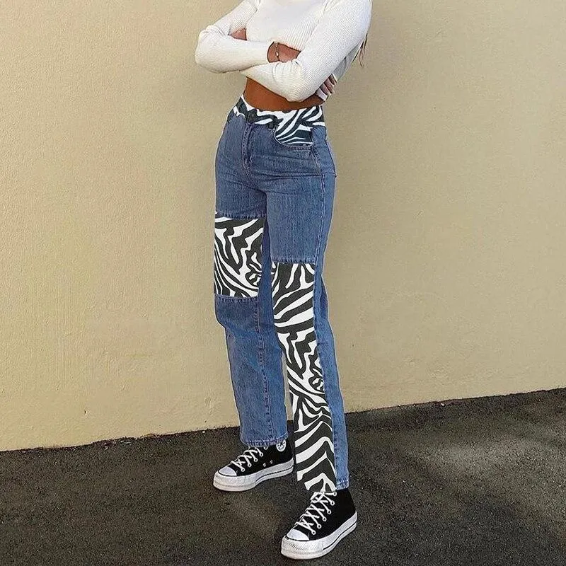 Zebra Striped Patched Straight Y2K Jeans