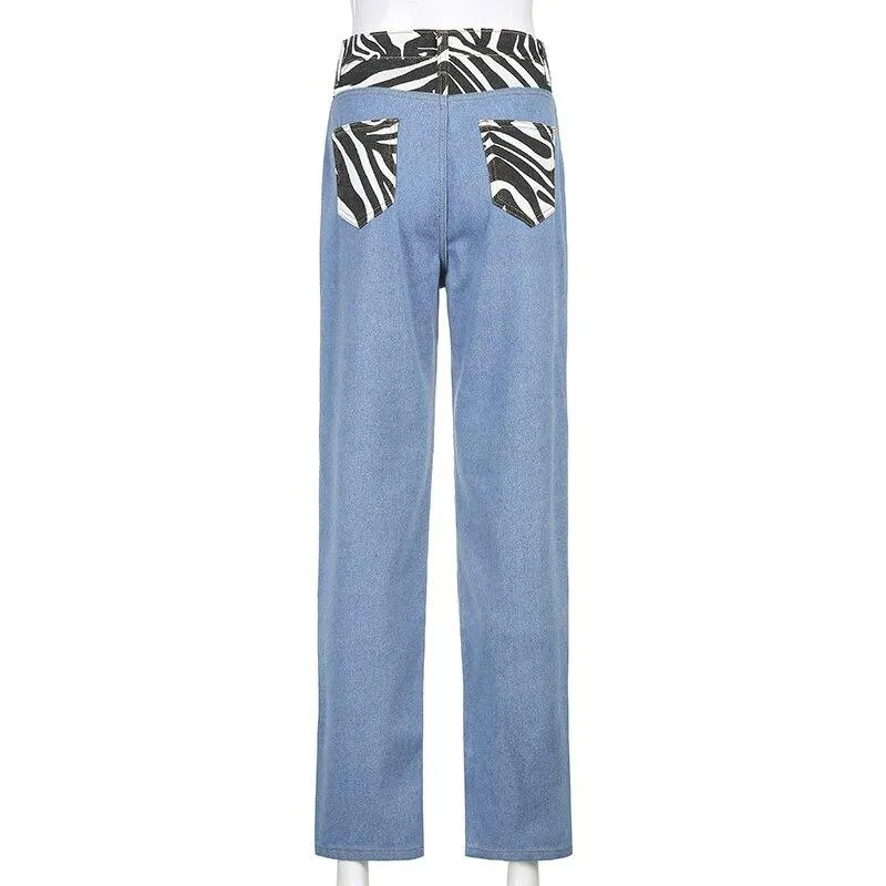 Zebra Striped Patched Straight Y2K Jeans