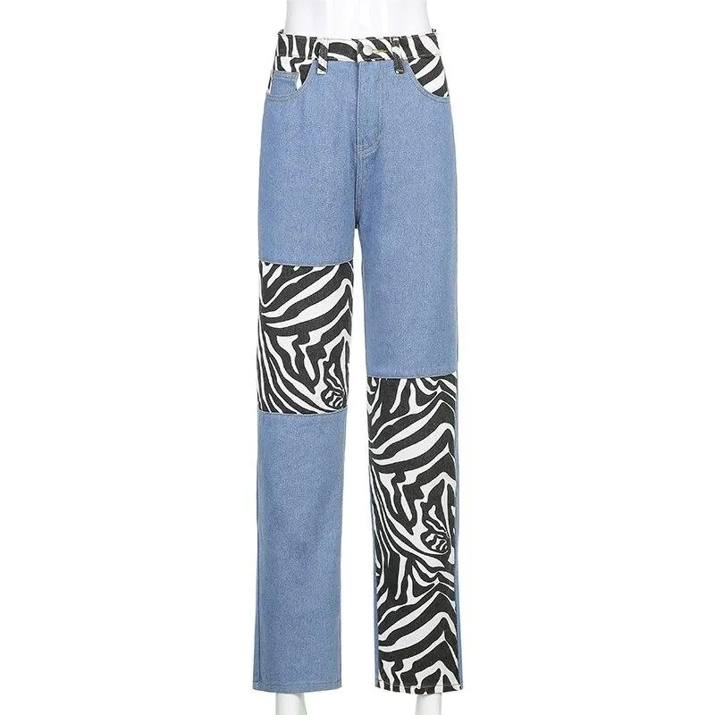 Zebra Striped Patched Straight Y2K Jeans