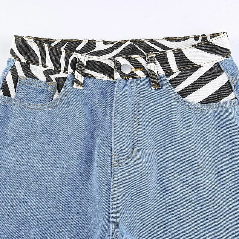 Zebra Striped Patched Straight Y2K Jeans