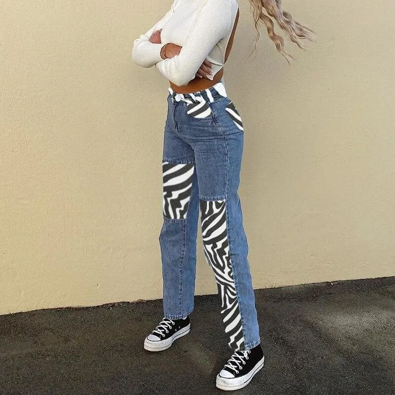 Zebra Striped Patched Straight Y2K Jeans