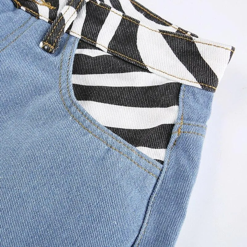 Zebra Striped Patched Straight Y2K Jeans